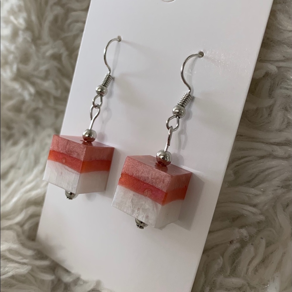 Pearlescent pink, coral and white cube earrings